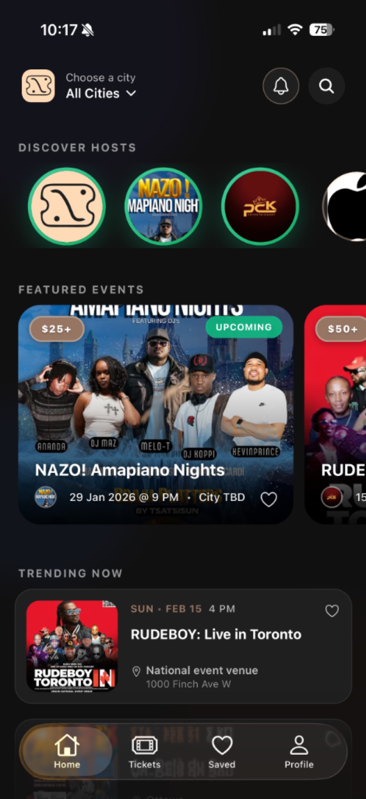 Tixian attendee mobile app displaying event discovery and digital ticket wallet